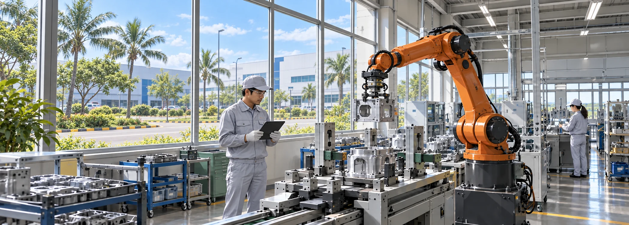 Ilustrasi perakitan robot industri di lingkungan industri Indonesia